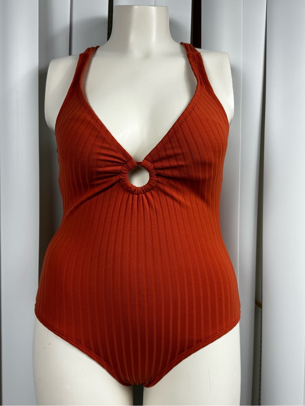 Kona Sol Ribbed One Piece Swimsuit Rust Cutout Open Back Size Small